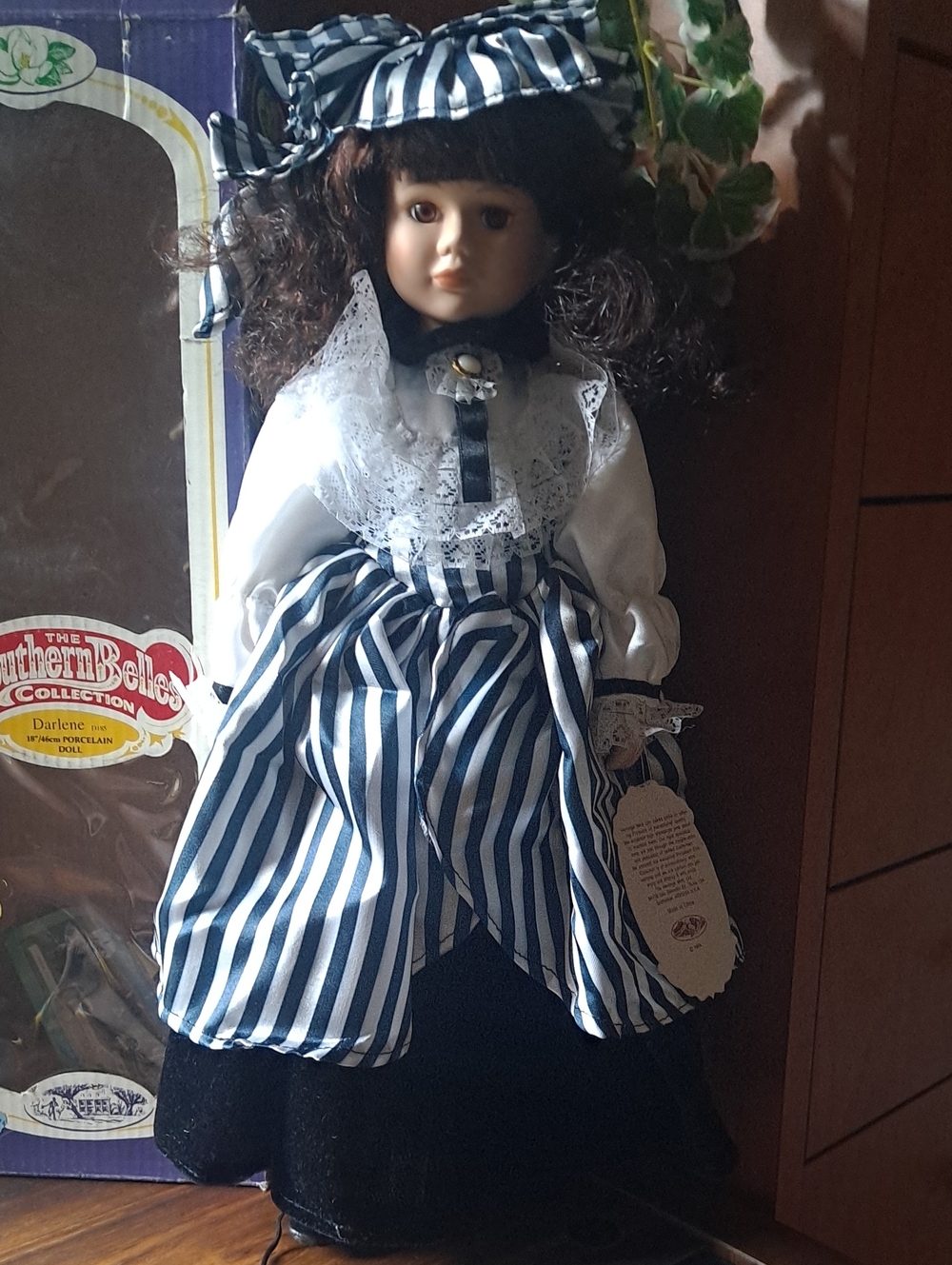 Classic Porcelain Doll in Navy & White Striped Dress